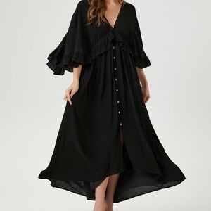 Butterfly sleeve flounce black maxi dress